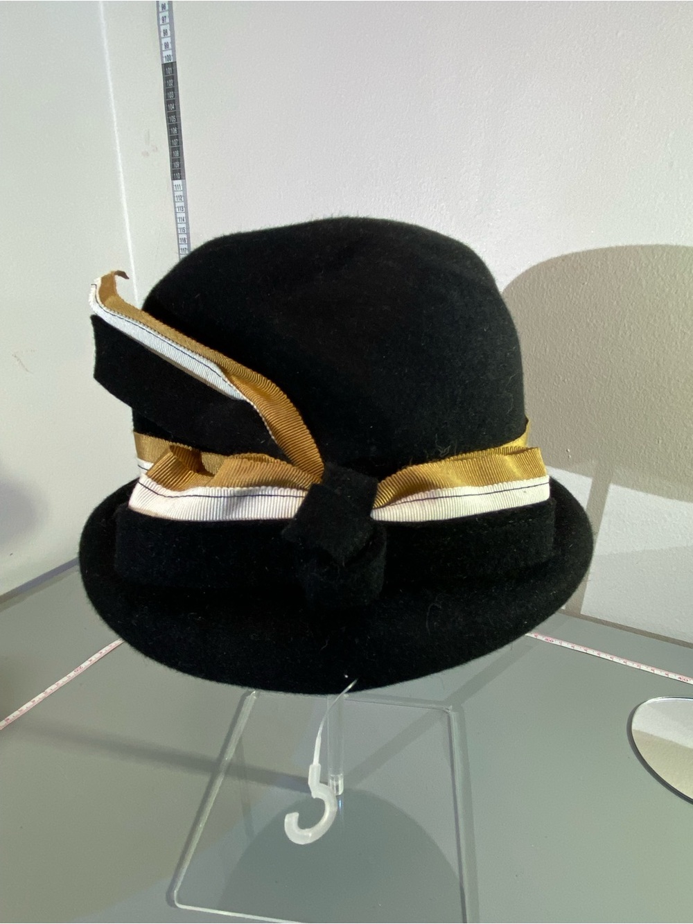 Debs New York Paris Lilly Dache Black Wool Cloche Hat with Gold and White Ribbon